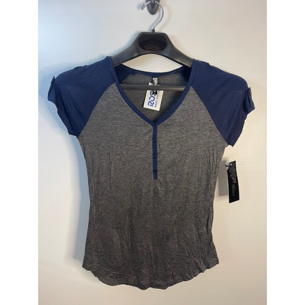 Splash Womens Henley Raglan Short Sleeve Top‎ Gray Navy Blue Size M NWT 1330-72